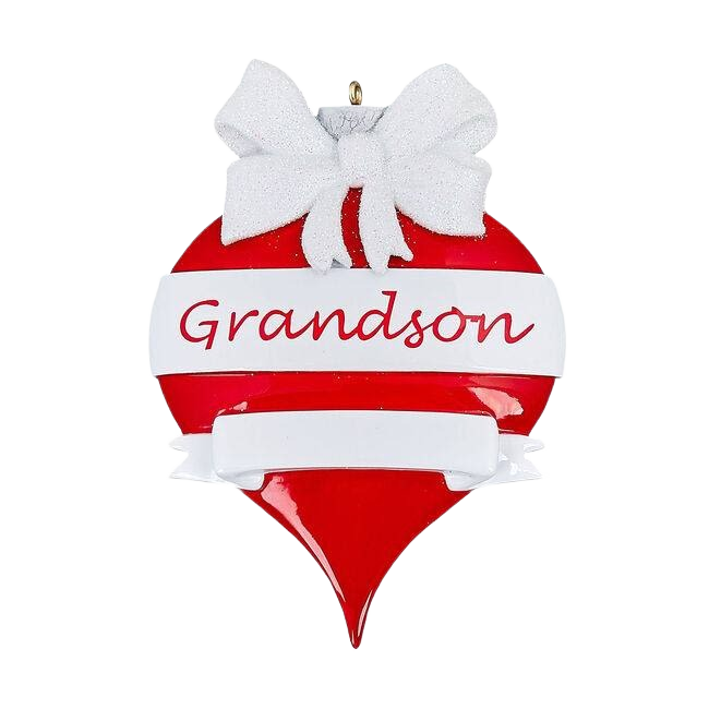 Red teardrop ornament with white bow and "Grandson" text for Christmas Ornaments & Tree Decorations under $50