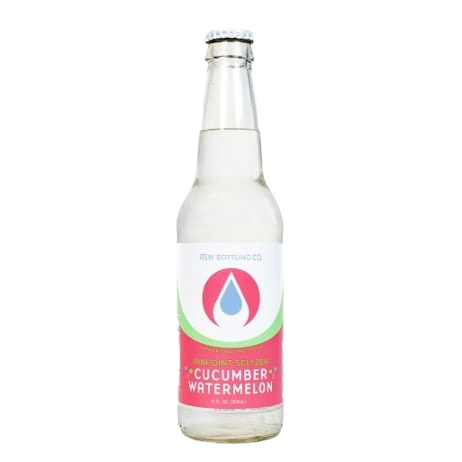 Clear glass bottle of cucumber watermelon seltzer water with colorful label from food and beverage drinks collection