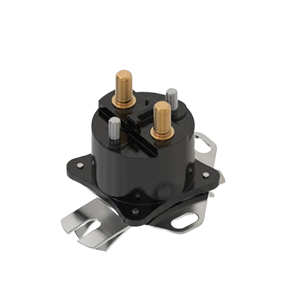 Black solenoid with brass terminals and metal mounting bracket for automotive and tractor electrical systems