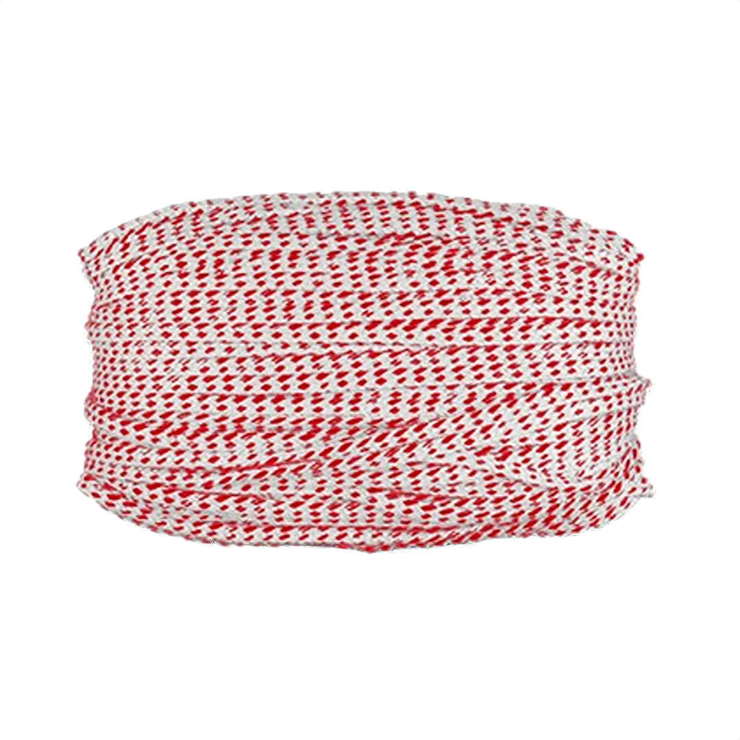 Coiled extra bold white braided chalk line with red accents for use in measuring and woodworking tools collections.