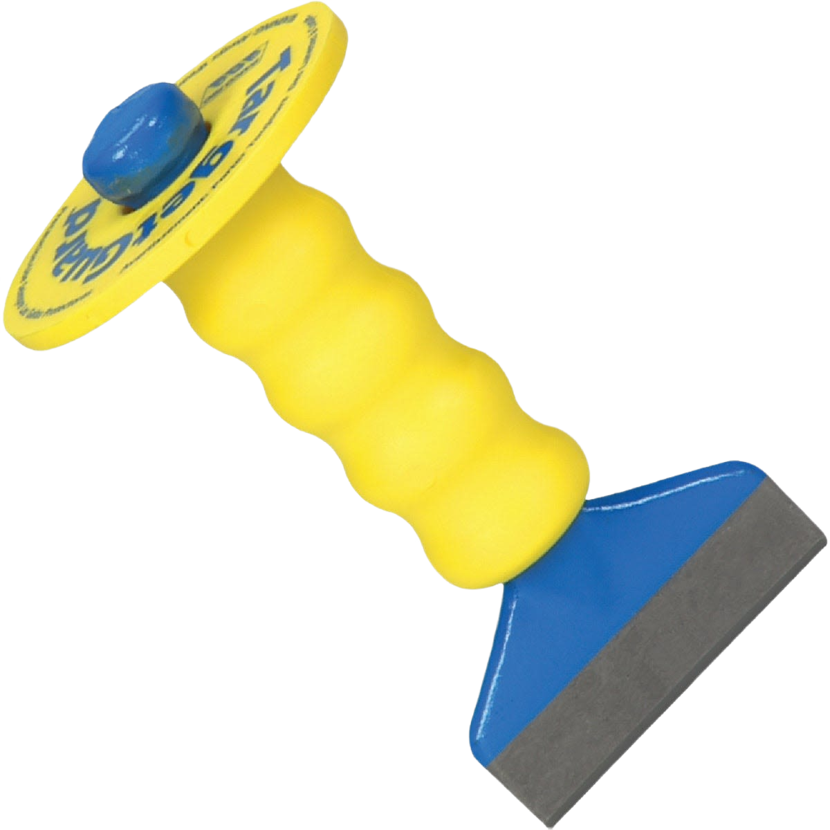 Yellow plastic handle with wavy grip and attached blue metal scraper blade for home improvement tasks