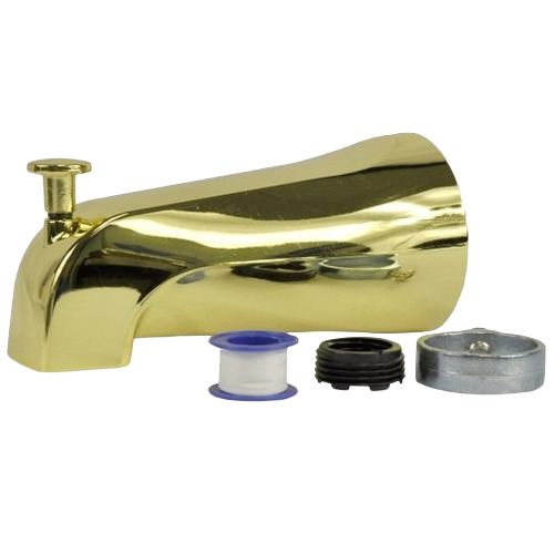 Polished brass bathtub diverter spout with plumbing repair components for shower and tub maintenance under $50 collections