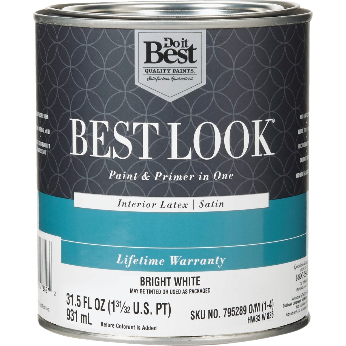 Quart can of bright white interior latex satin paint and primer in one for home improvement projects under $50