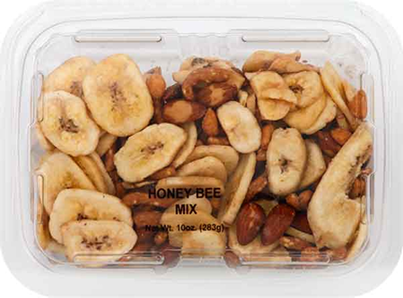 Clear plastic container of mixed nuts and banana chips labeled honey bee mix with 10 oz weight
