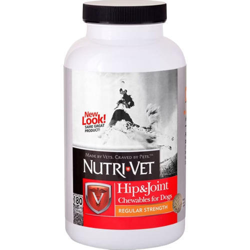 White plastic bottle of chewable tablets for dog hip and joint support with red and black label design