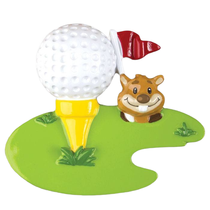 White golf ball on yellow tee with smiling animal figure and red flag on green base holiday ornament under 50