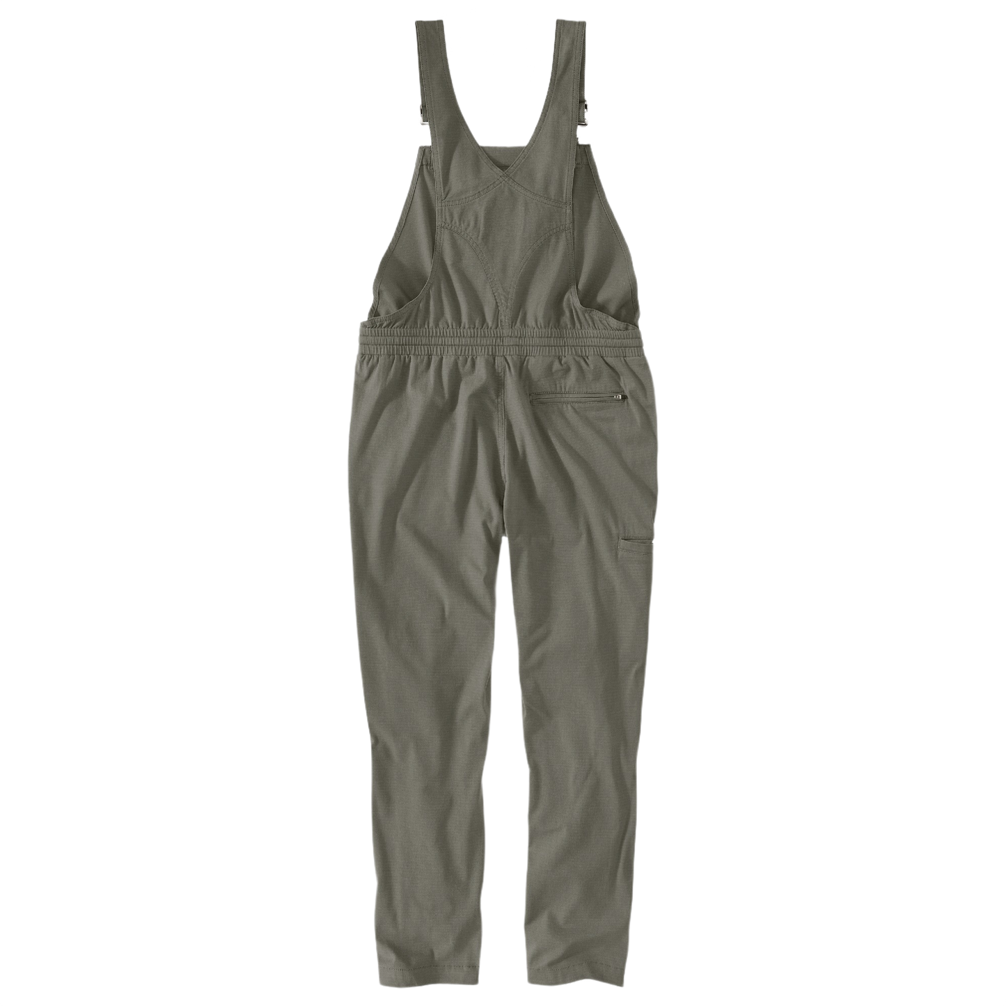 Women's dusty olive ripstop bib overalls with adjustable straps and zippered side pocket for durable workwear