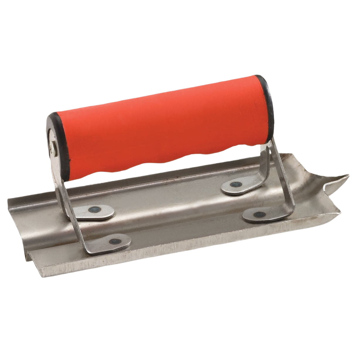 Stainless steel cement groover with bright orange ergonomic handle for concrete finishing in home improvement projects