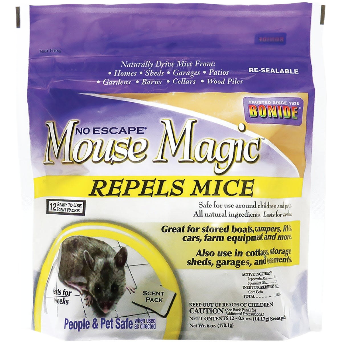 Resealable bag of Bonide Mouse Magic granules repels rodents naturally for home, garden, lawn, and pest control use