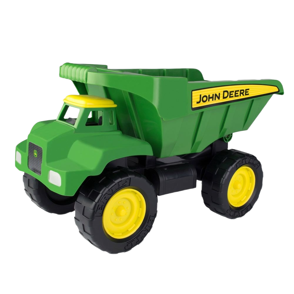 Green and yellow toy dump truck with large wheels and John Deere logo on the side for kids' outdoor play