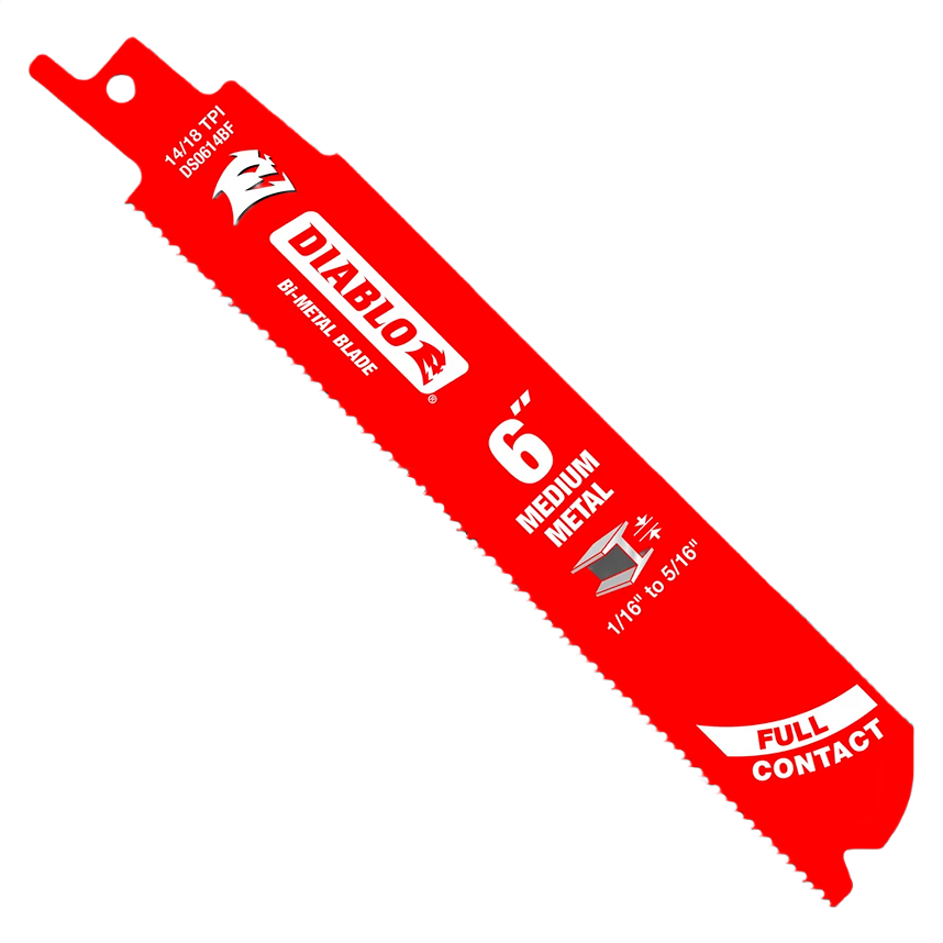 Red bi-metal saw blade with sharp teeth for medium metal cutting in tools and home improvement tasks