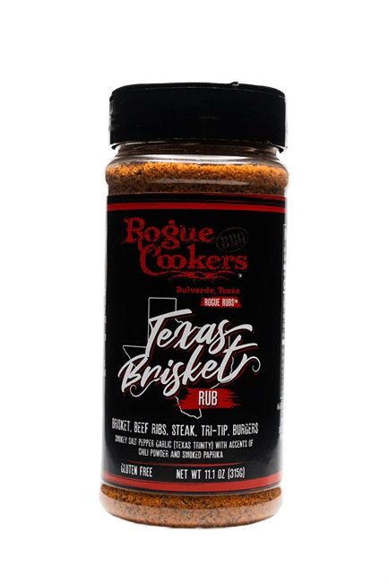 Plastic spice jar with red and black label of Texas brisket rub in grilling sauces and spices collection