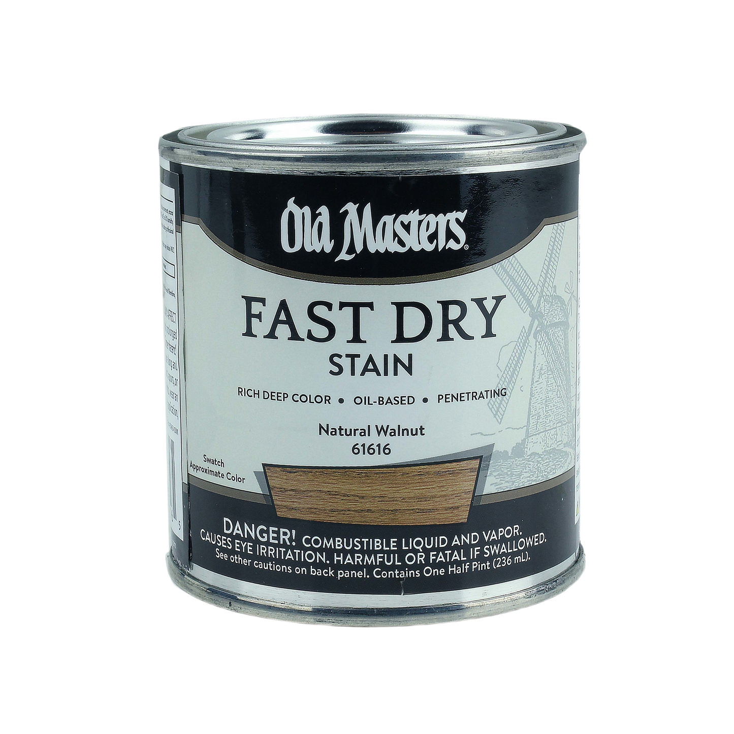 Quart can of Old Masters oil-based fast dry natural walnut stain for interior wood finishing and home improvement projects