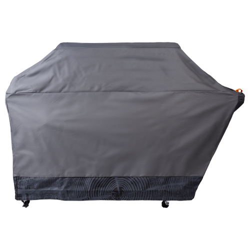 Gray heavy-duty polyester full-length grill cover with black detailing and orange pull tab for outdoor grilling protection