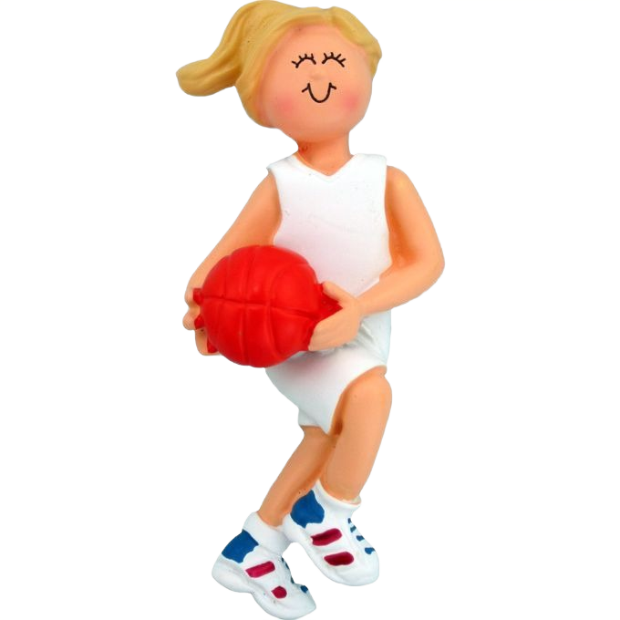 Blonde female basketball player figurine in white uniform holding red ball from Christmas Ornaments & Tree Decorations collection