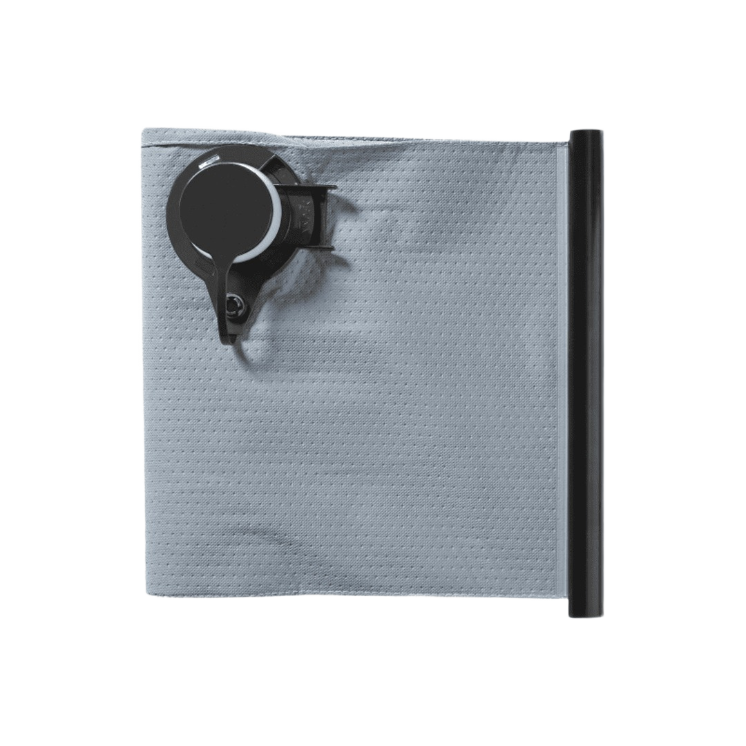 Gray long-life dust filter bag with black plastic connector for Festool dust extractor accessories and woodworking tools