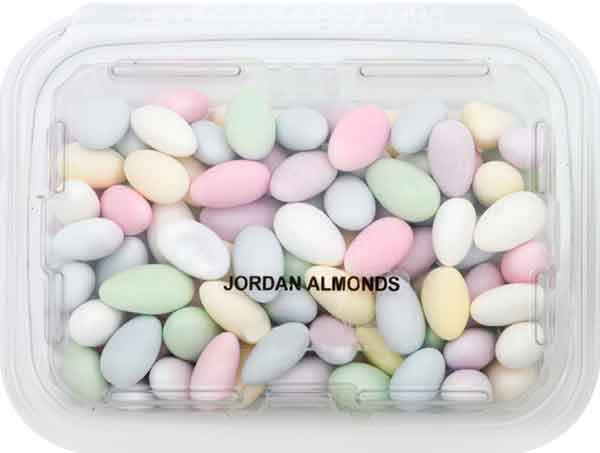 Clear plastic container filled with pastel-colored Jordan Almonds candy from the Chocolates & Candies collection