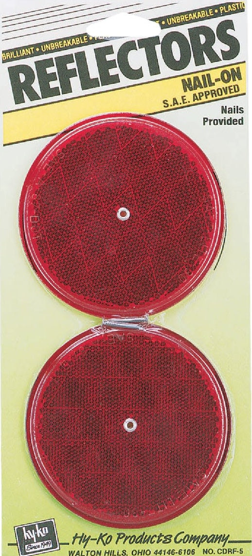 Pair of round red nail-on reflectors with unbreakable plastic design for tools and home improvement use
