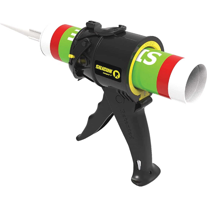 Compact black caulk gun with ergonomic handle and colorful silicone tube for precise application in home improvement projects