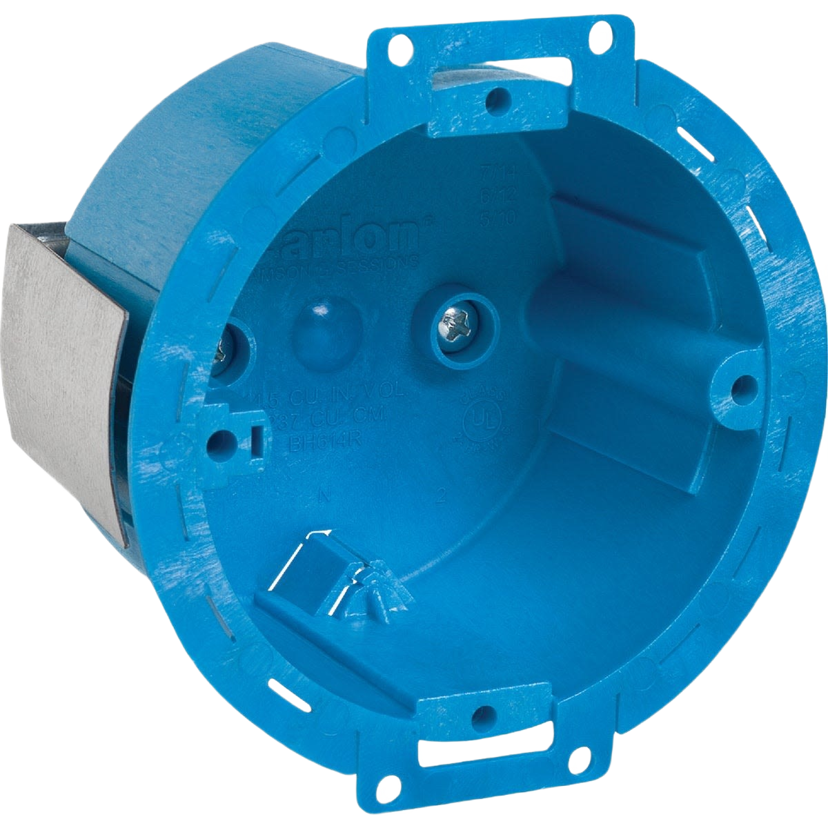 Blue plastic old work ceiling electrical box with metal mounting brackets for home improvement and electrical fittings collections