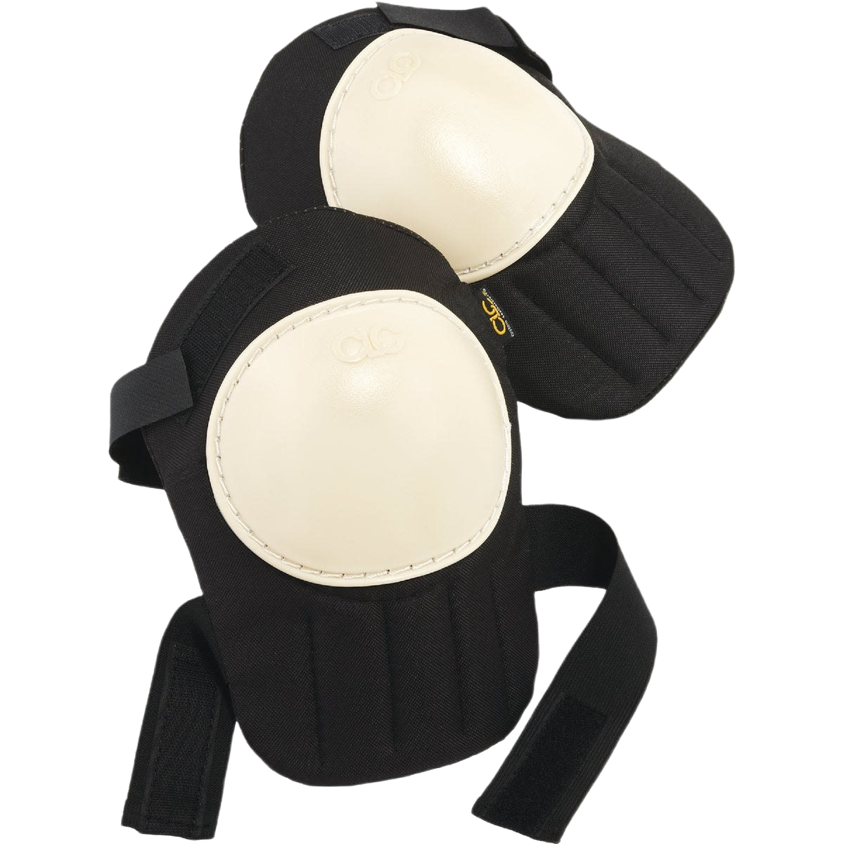 Pair of black knee pads with cream swivel caps, designed for floor covering trades in safety and hardware collections