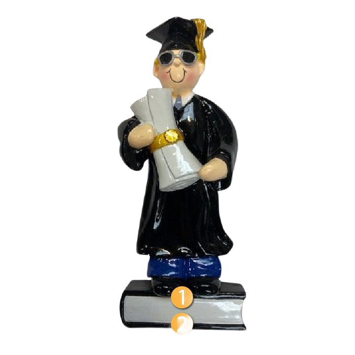 Blonde-haired male graduate ornament in cap and gown holding diploma standing on book in Christmas Ornaments collection
