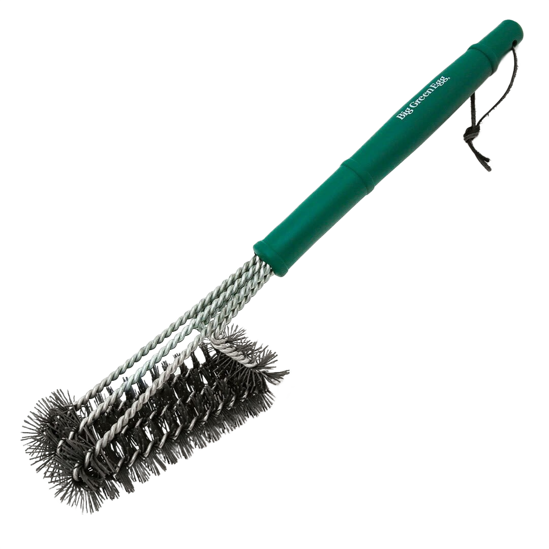 Green nylon bristle grill scraper with diamond coating and long handle for tools and home improvement use