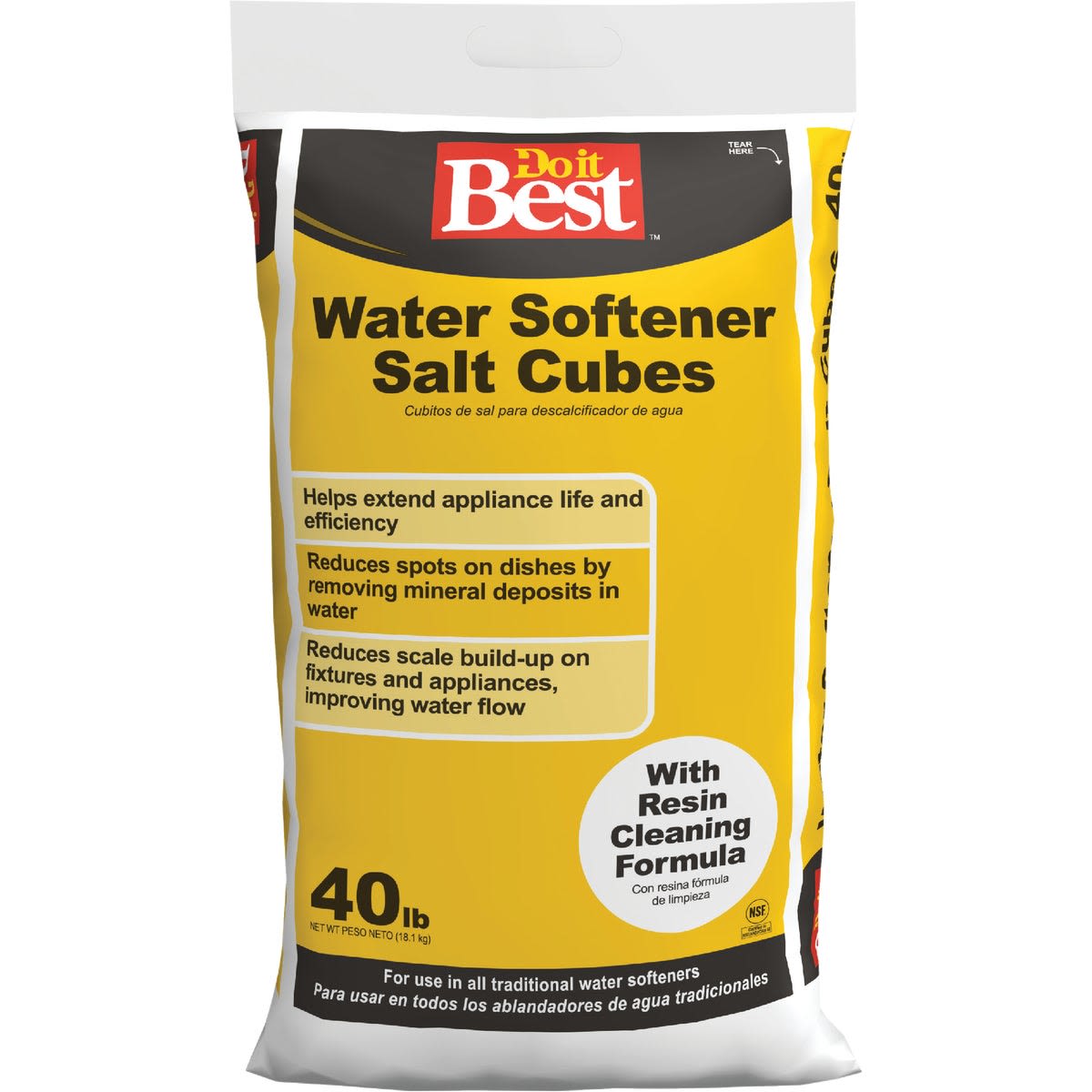 40 lb bag of water softener salt cubes designed to improve appliance efficiency and reduce mineral deposits