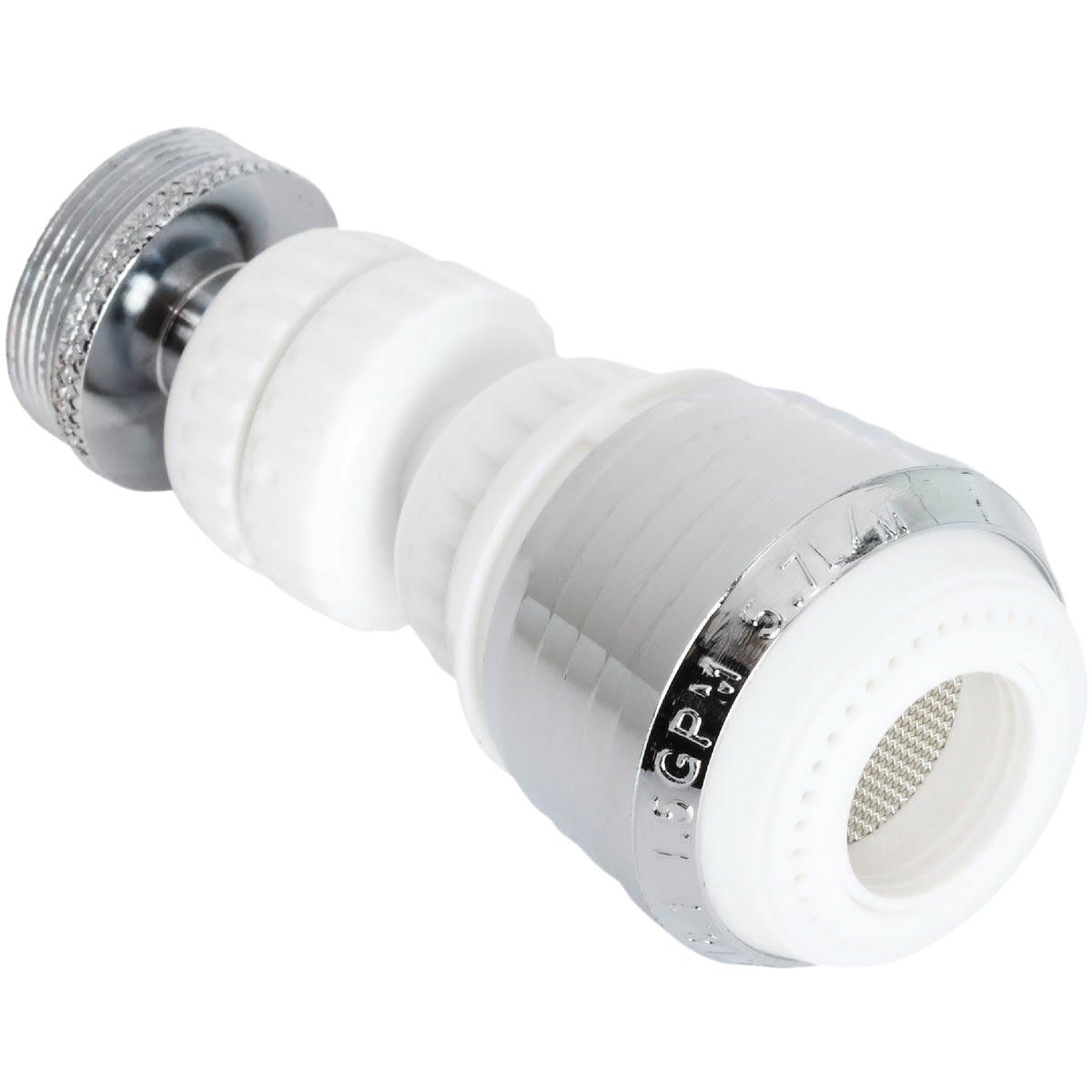 Chrome and white swivel aerator for faucets with adjustable stream and spray settings in plumbing and repair collections