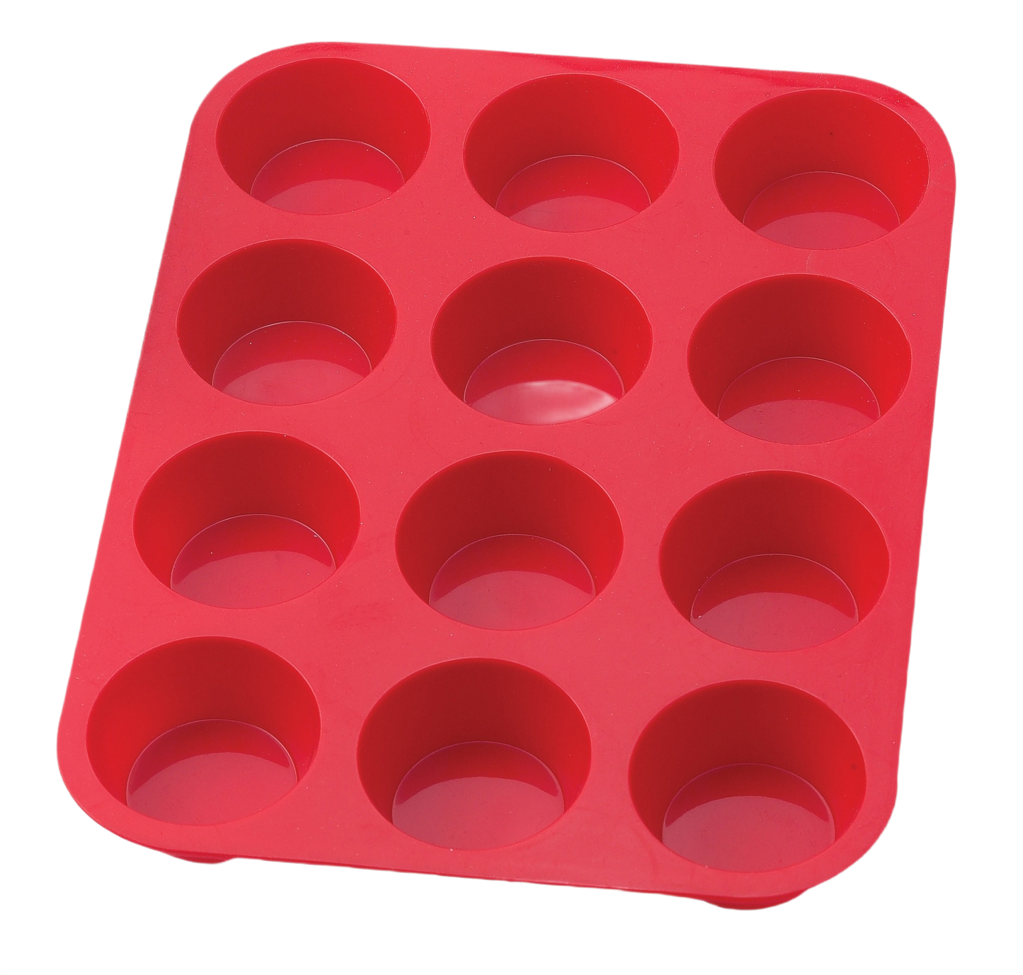 Red silicone muffin pan with twelve cups for baking and kitchen home improvement tools use