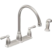 Stainless steel two-handle kitchen faucet with high arc spout and matching side sprayer for home improvement projects