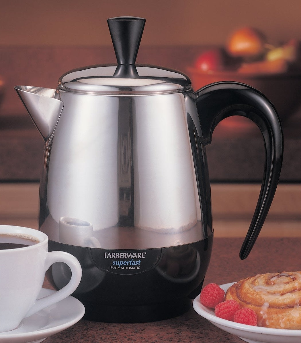 Stainless steel coffee percolator with black handle, featured in small kitchen appliances and coffee makers collections