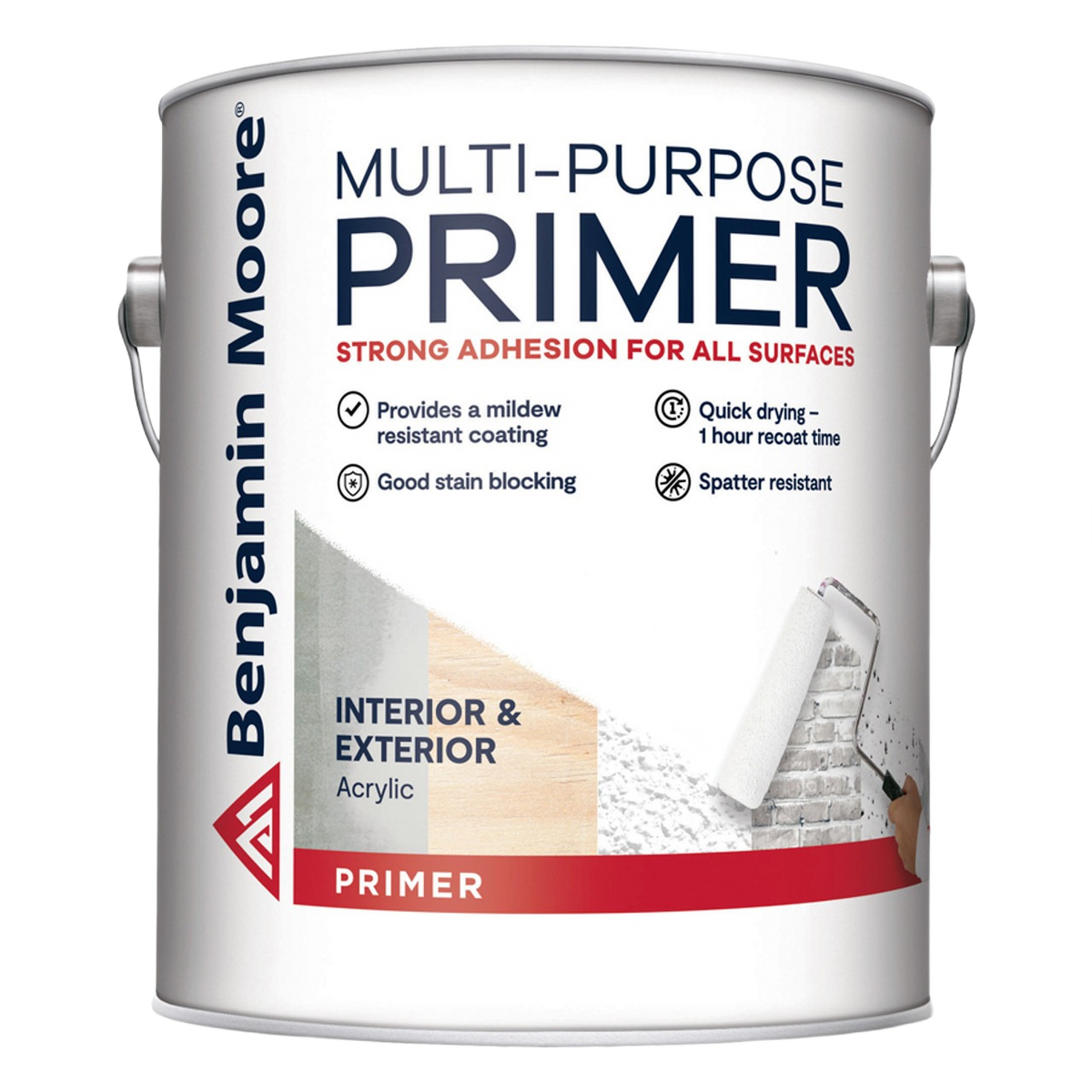 Can of Benjamin Moore multi-purpose primer for interior and exterior use with mildew resistance in paint supplies collections