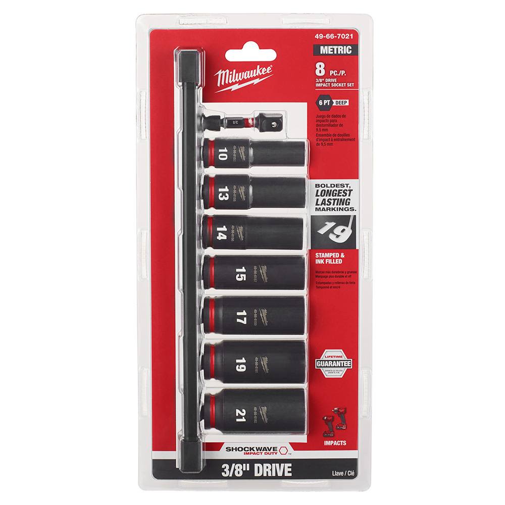 Set of eight black metric sockets with red trim and 3/8" drive, designed for heavy-duty impact and woodworking tools.