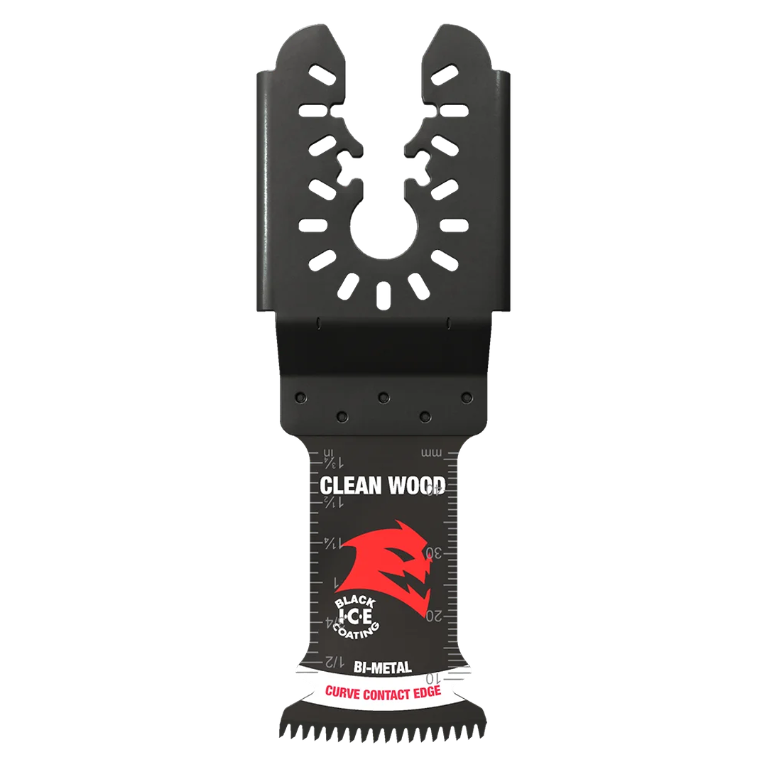 Black Bi-metal oscillating blade with red logo for clean wood cutting in woodworking and power tool accessories collections