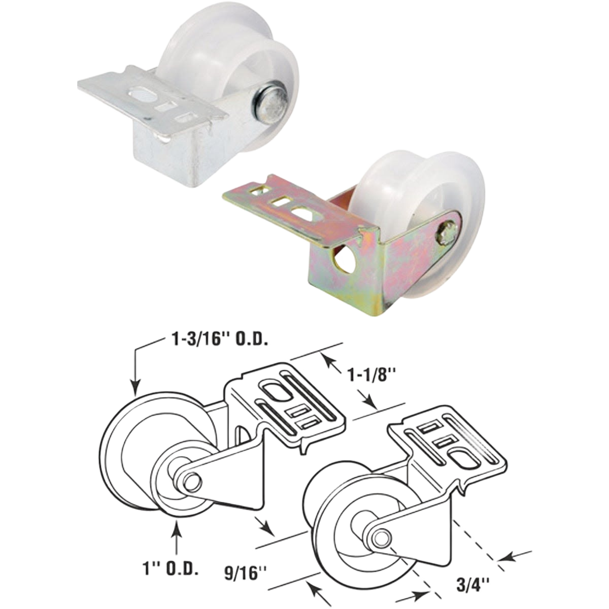 Metal roller brackets with white plastic wheels and mounting plates for home improvement drawer assembly tasks