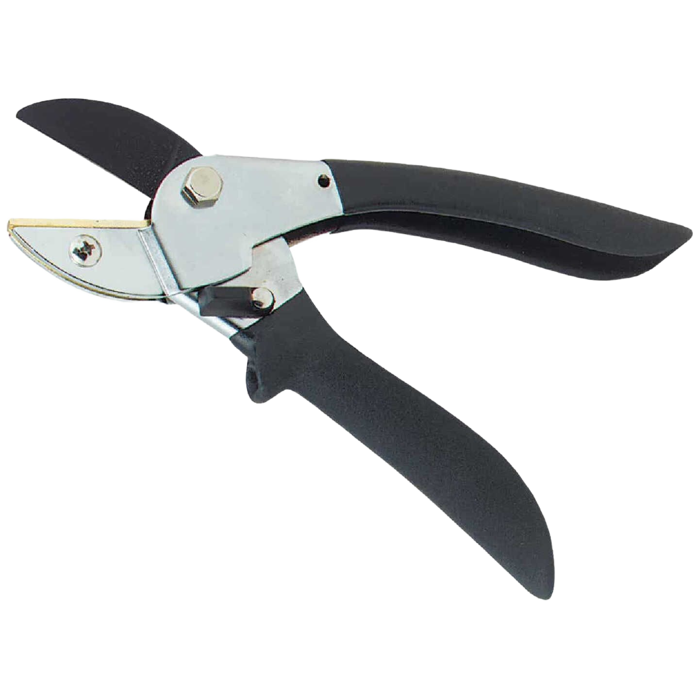 Garden anvil pruner with sharp steel blade and black soft-grip handles for precise cutting in home improvement tasks