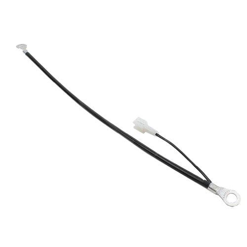 Black insulated negative battery cable with metal ring terminals and white plastic connector for tools and home improvement use