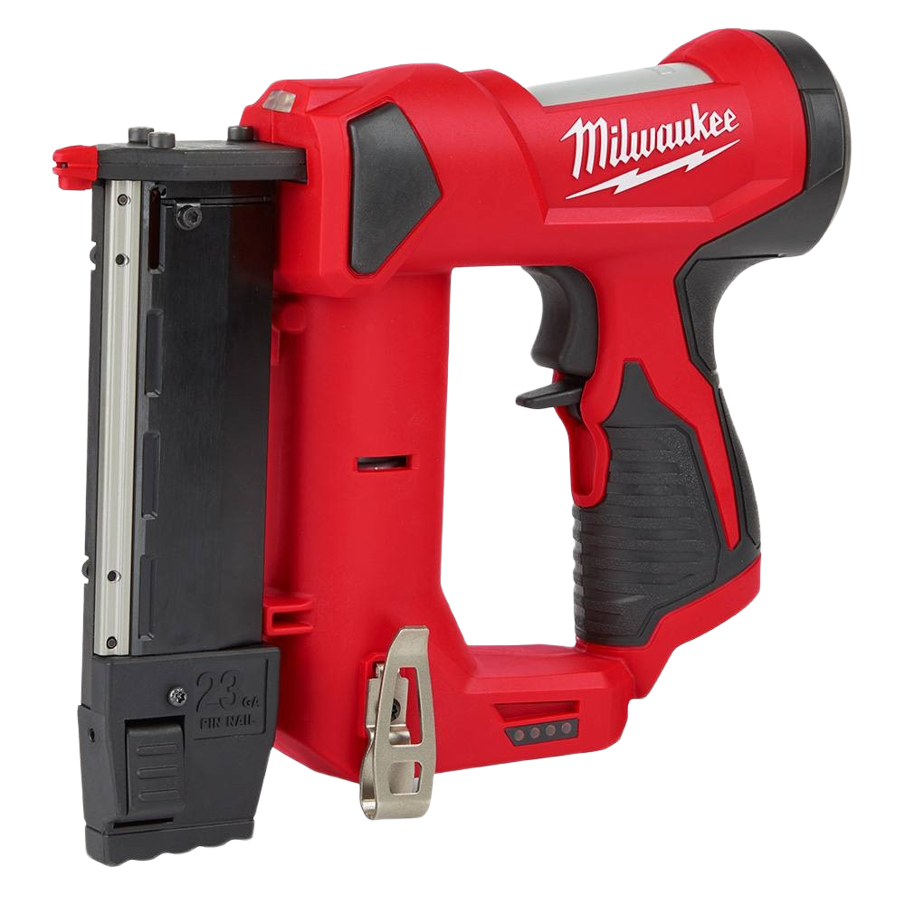 Red and black cordless pin nailer with ergonomic grip designed for precise fastening in home improvement projects