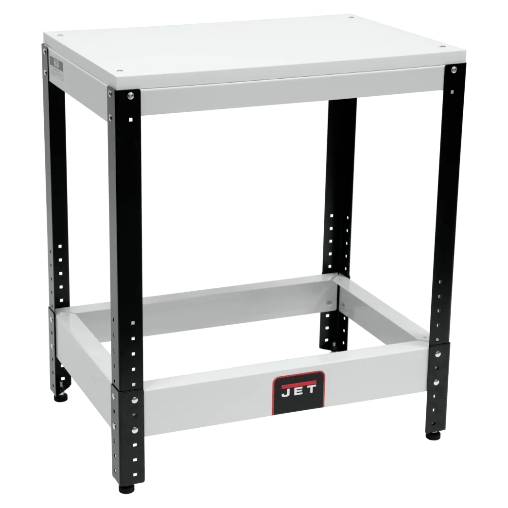 Adjustable metal benchtop machine table with steel frame and white work surface for tools and home improvement use
