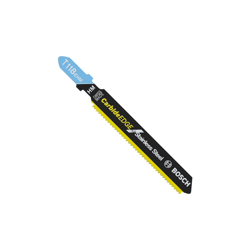 Black Bosch T-shank jigsaw blade with carbide edge for precision cuts in woodworking and power tool accessories