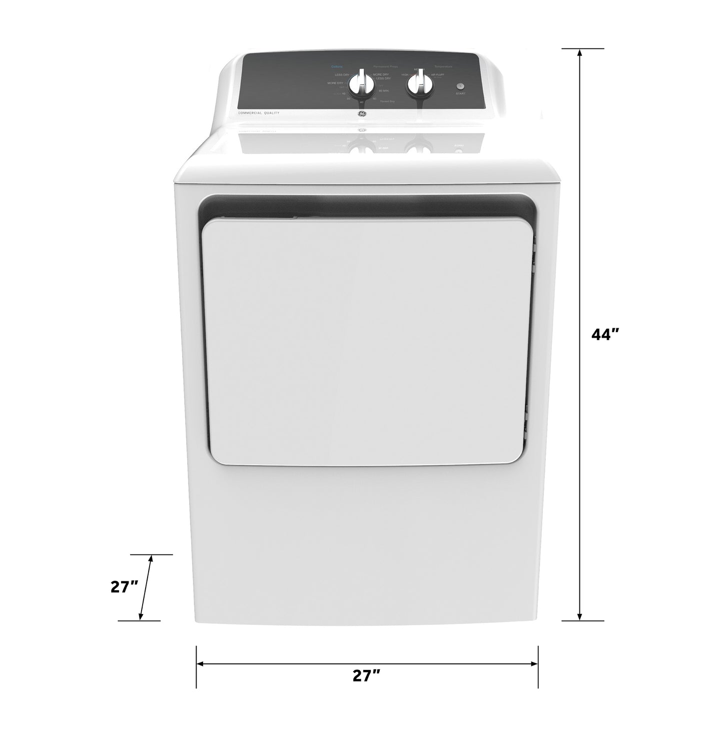 Front view of white electric dryer with control knobs, showing dimensions for home improvement appliances collection