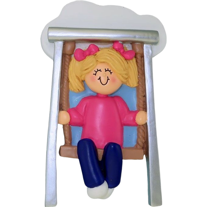 Blonde female figurine on swing wearing pink top and blue pants for Christmas Ornaments & Tree Decorations collection