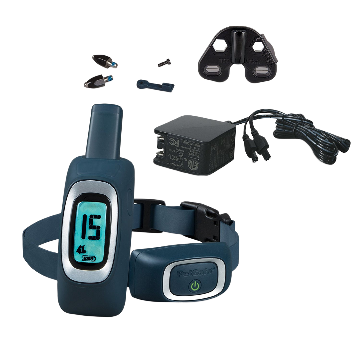 Dark blue remote and receiver collar set with digital display and charging accessories for pet training use