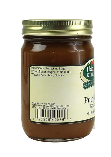Glass jar of pumpkin butter with gold lid and ingredient label from Hartville Kitchen in jams and jellies collection under $50