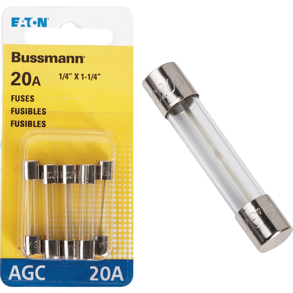 Pack of five 20A glass tube automotive fuses with metal end caps for tools and home improvement use