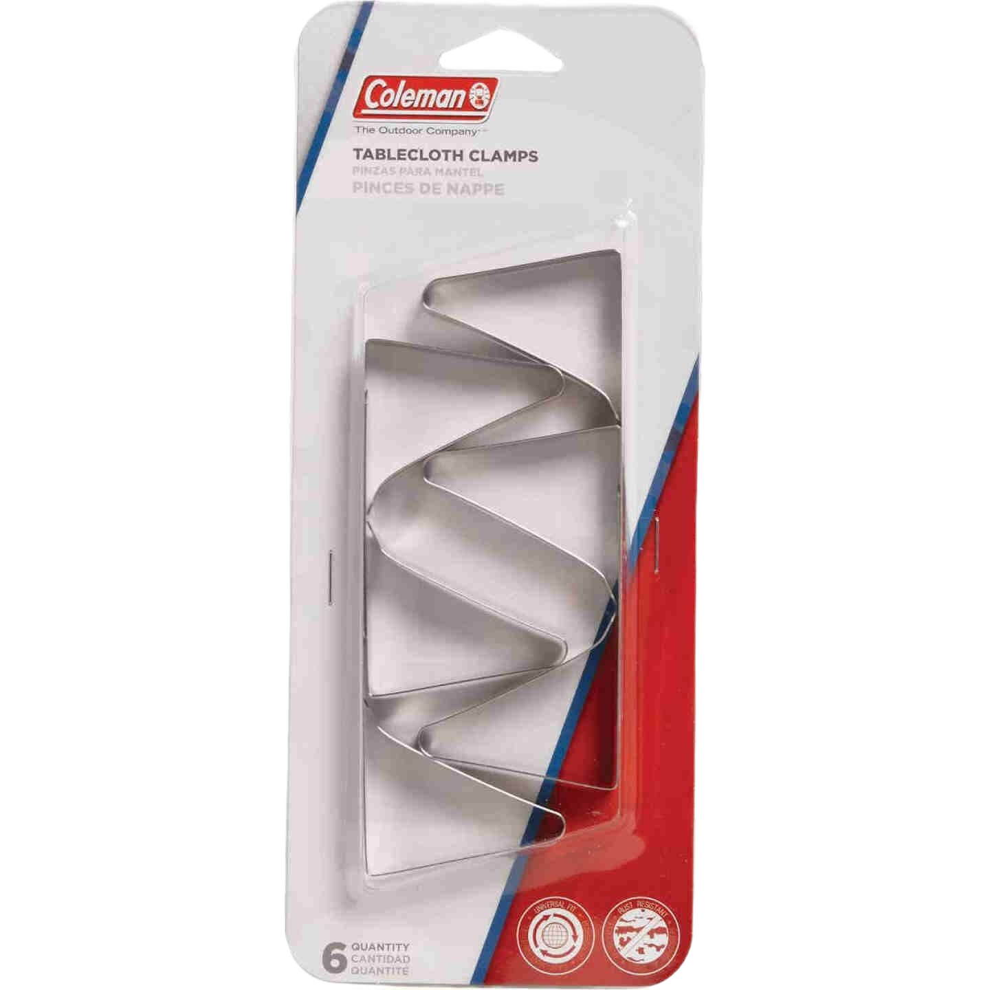 Set of six stainless steel clips for securing tablecloths, ideal for kitchenware and outdoor dining accessories under $50.
