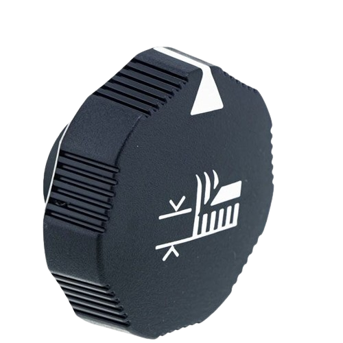 Black textured mower height adjustment knob with white indicator arrow and markings for tools and home improvement use