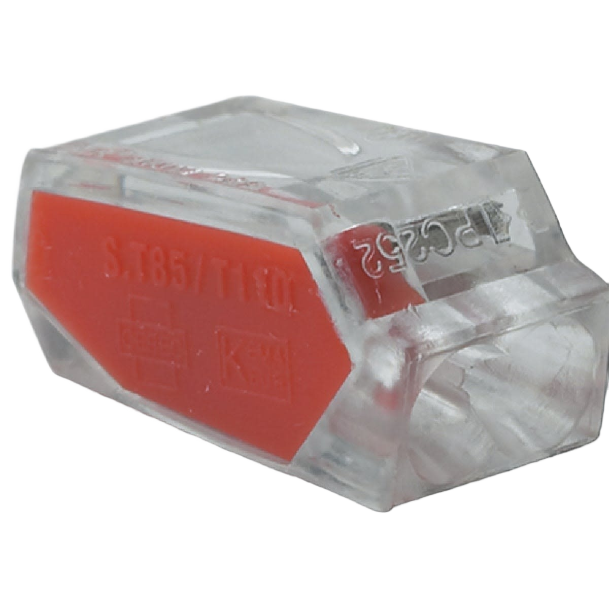 Transparent push-in wire connector with red accent for secure electrical connections in home improvement projects