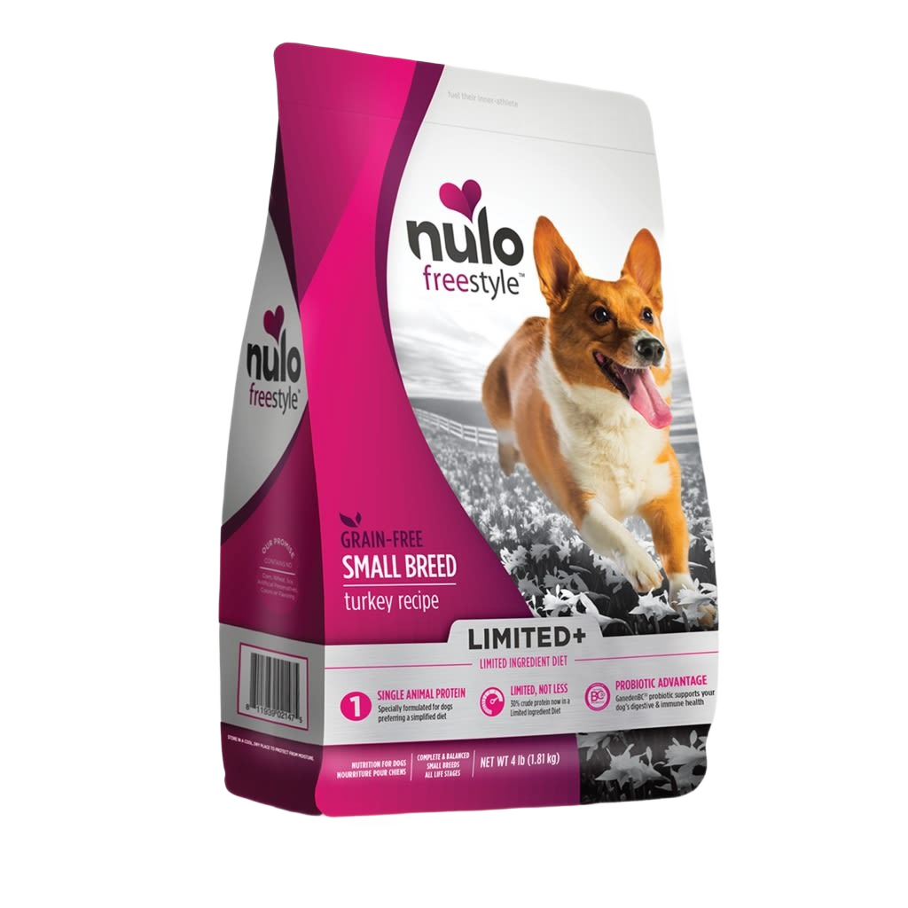 Bag of Nulo Freestyle turkey dry dog food designed for small breeds with grain-free limited ingredient formula